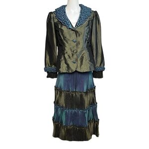 Olive Green and Teal Pleated Midi Skirt